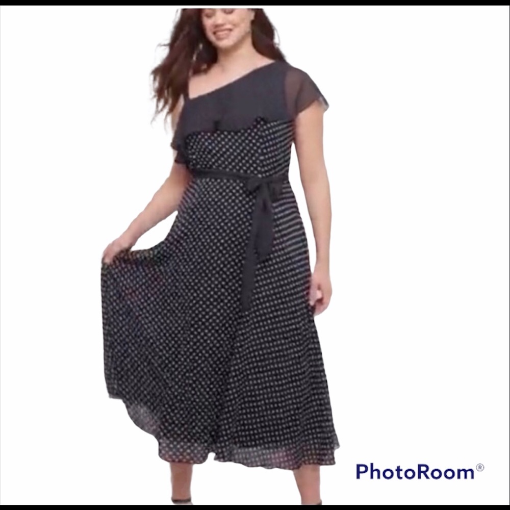 Lane Bryant Black Polka Dot Chiffon Ruffle Swing Dress 14